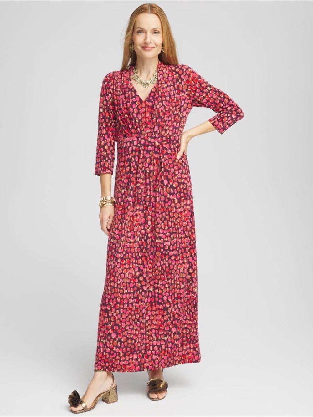 Chico's Pink Multi-Patterned V-Neck Knit Pleated Maxi Dress Size 8